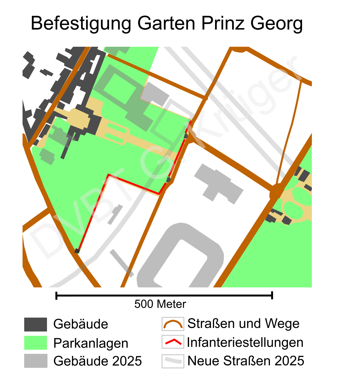 Vereinfachter Plan der Befestigung im Garten des Prinzen Georg mit heutiger Situation